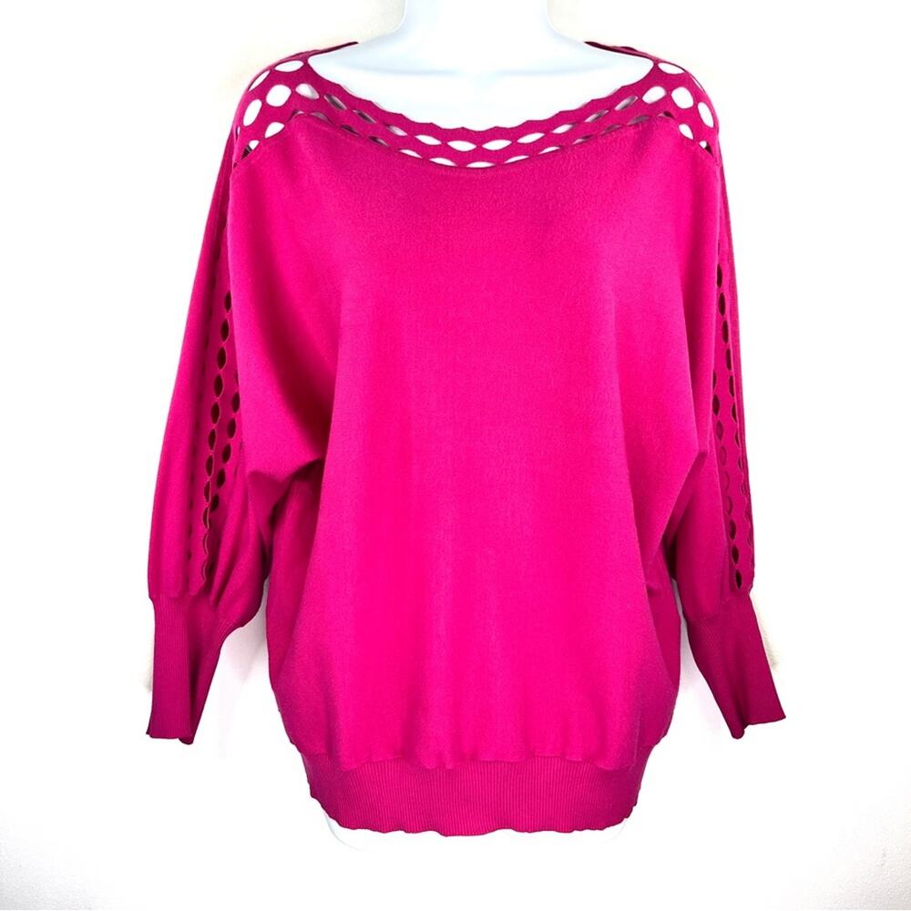 MILLY Hot Pink Sweater Top Size 14 / 16 Boat Neck Laser Cut Long‎ Dolman Sleeve